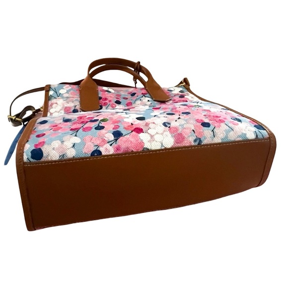 NWT FOSSIL Kyler Leather Canvas Large Tote Pink Blue Floral - Picture 5 of 6